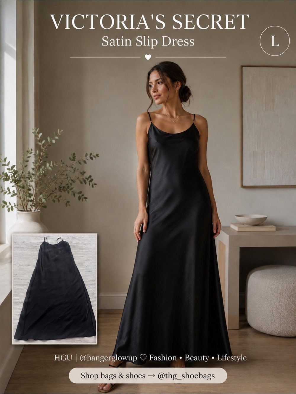 Victoria’s Secret Black Satin Slip Maxi Dress Adjustable Straps Size L NWT